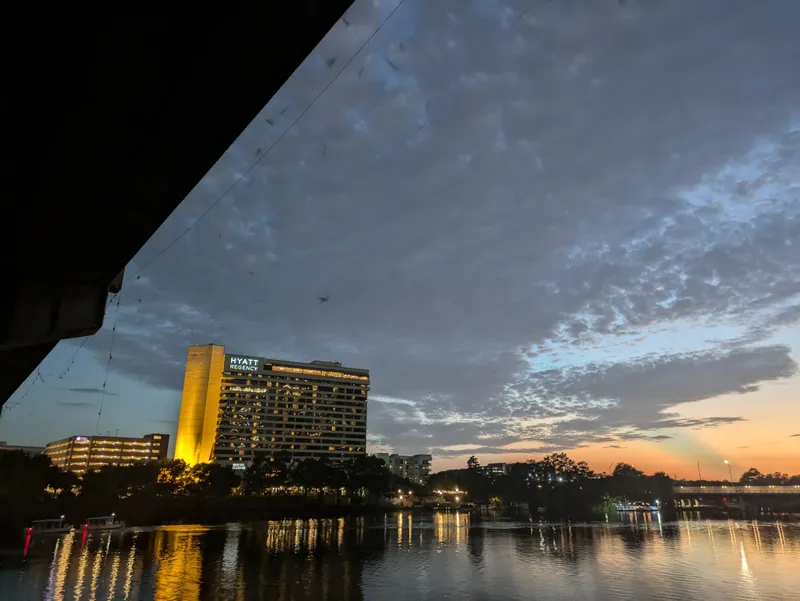 Dusk sky with clouds over a river, reflecting lights of Hyatt Regency and a bridge. Small dark shapes appear to be bats in flight.