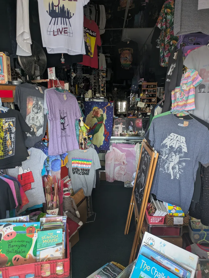 Interior of a quirky shop filled with t-shirts, books, and various novelty items.